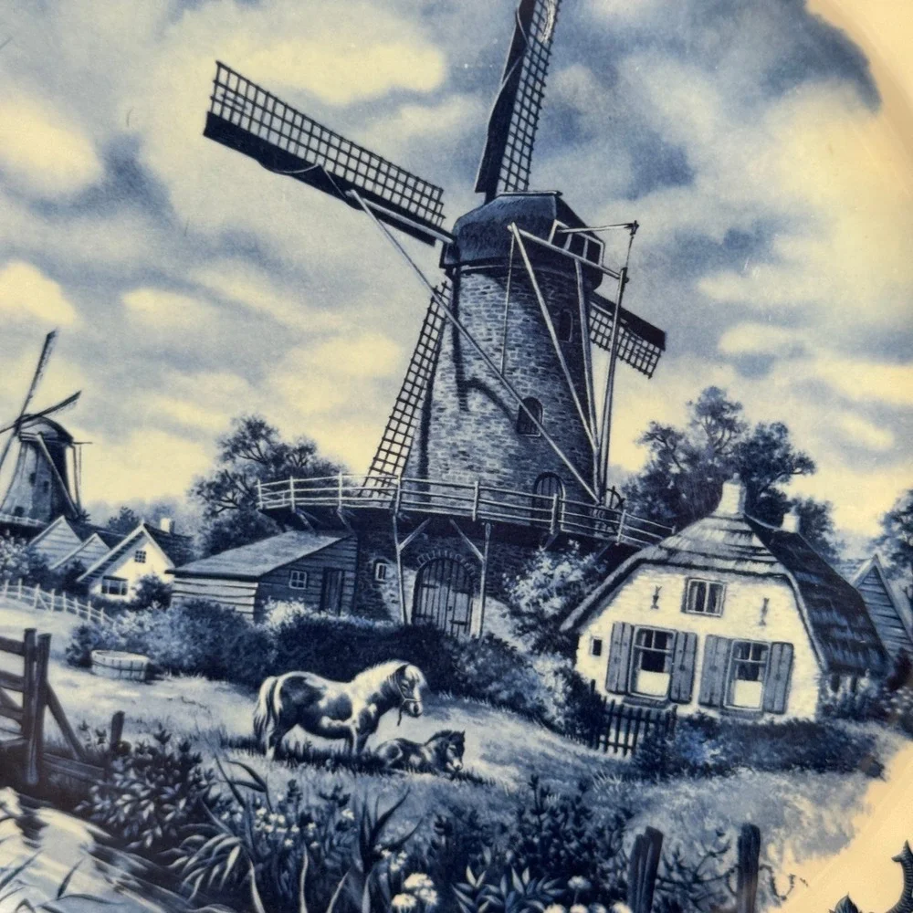 Delft-Blauw Hand Decorated Windmill Plate Made in Holland Blue White 9.75 Inch